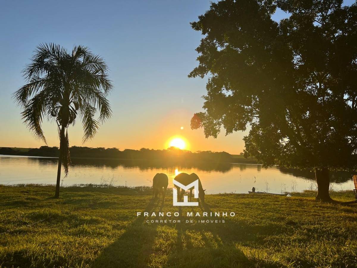 Pôr do sol na beira d'água da fazenda, com cavalos pastando