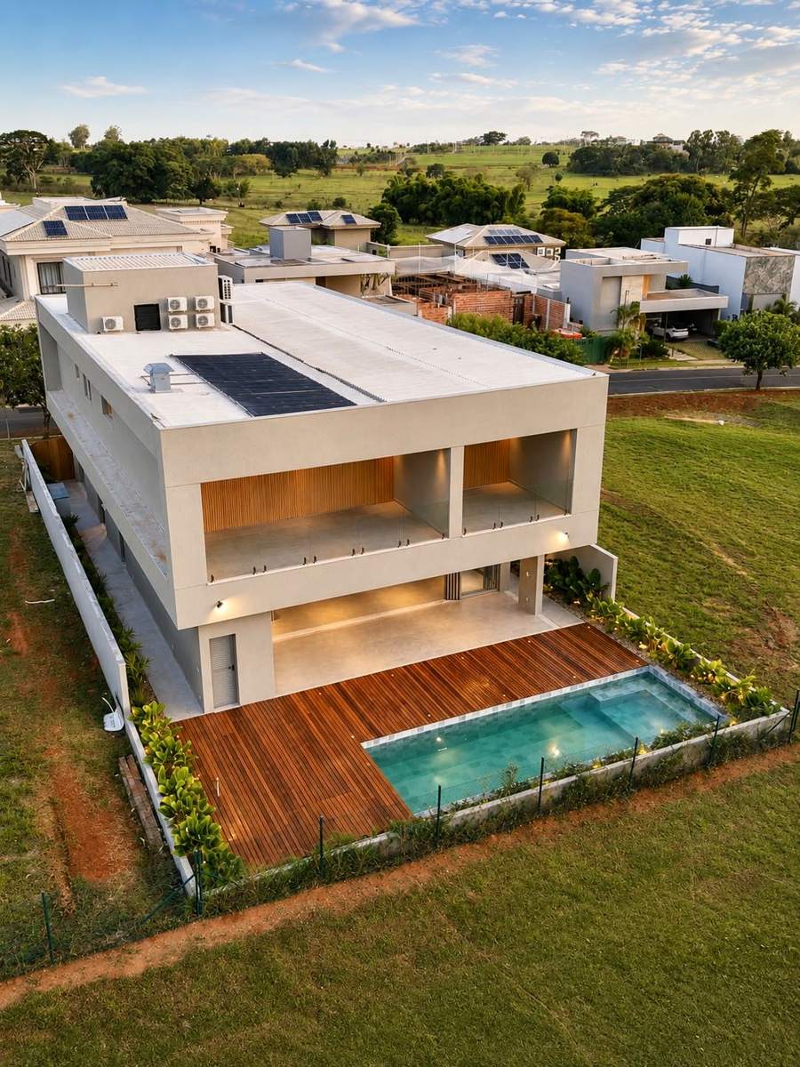 Vista aérea da casa com o campo de golfe ao fundo